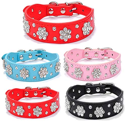 Collares Básicos Collar De Perro De Diamantes De Imitación De   Cuero Collar De Cachorro De Mascota Collar De Gato Con Tachuelas De Cristal Bling Rosa Rojo Para Perros Pequeños Medianos @ Blue_