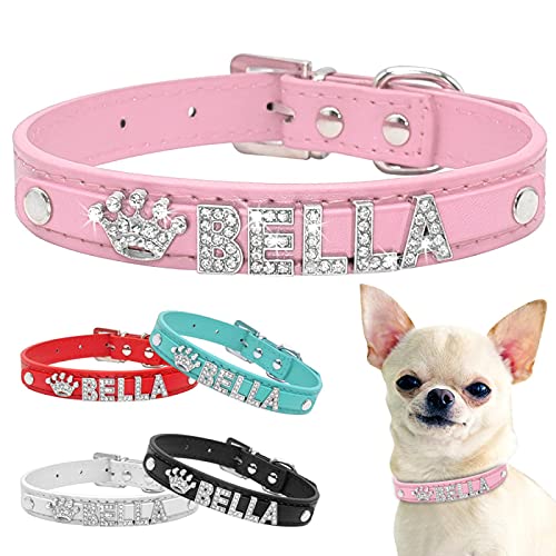 Collares de Perro Cachorro de Diamantes de imitación, Collar Personalizado para Perros pequeños, Collar de Chihuahua, Collar Personalizado, dijes de Nombre Gratis, Accesorios para Mascotas L Negro