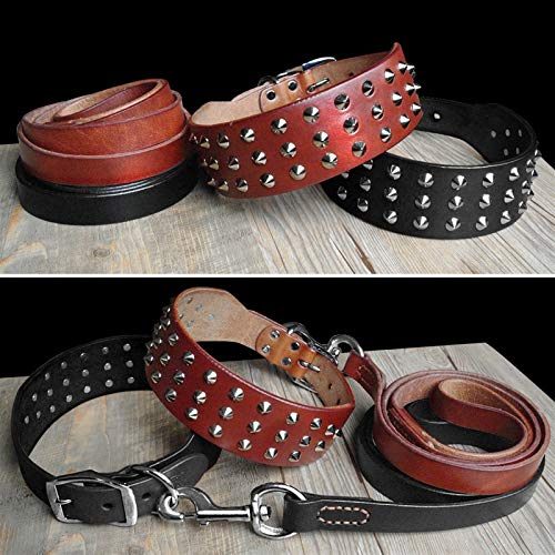 Collares de perros de cuero genuino tachonado, conjunto de correas, conjunto de perros grandes, conjunto *4* (Color : Brown, Size : Large)