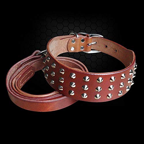 Collares de perros de cuero genuino tachonado, conjunto de correas, conjunto de perros grandes, conjunto *4* (Color : Brown, Size : Large)