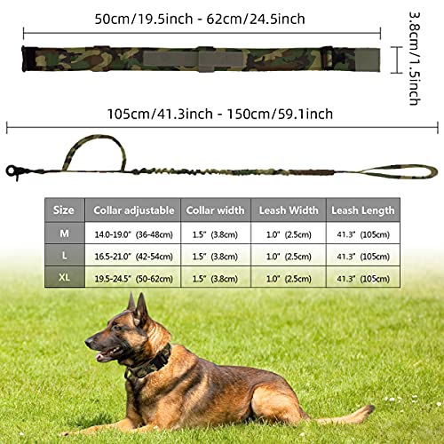 Collares Tácticos para Perros Collar K9 con Correa Perro Collares Ajustable con asa Hebilla de Metal, Militar Correa Elástica Nailon para Entrenamiento de Perros Medianos y Grandes, Camuflaje M