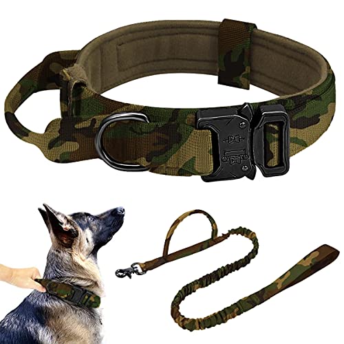 Collares Tácticos para Perros Collar K9 con Correa Perro Collares Ajustable con asa Hebilla de Metal, Militar Correa Elástica Nailon para Entrenamiento de Perros Medianos y Grandes, Camuflaje M