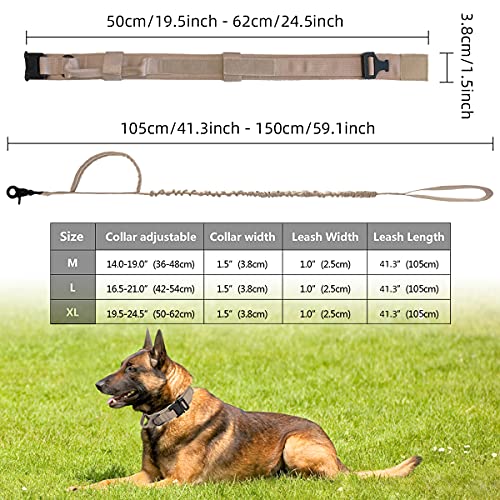 Collares Tácticos para Perros Collar K9 con Correa Perro Collares Ajustable con asa Hebilla de Metal, Militar Correa Elástica Nailon para Entrenamiento de Perros Medianos y Grandes, Caqui M