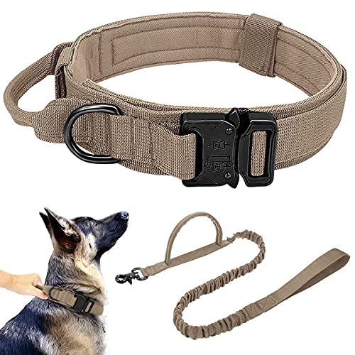 Collares Tácticos para Perros Collar K9 con Correa Perro Collares Ajustable con asa Hebilla de Metal, Militar Correa Elástica Nailon para Entrenamiento de Perros Medianos y Grandes, Caqui M