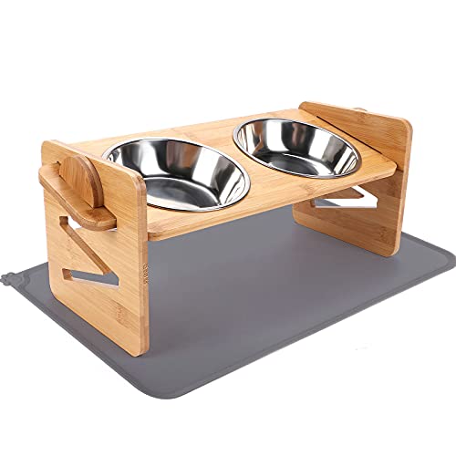 Comedero Elevado para Perros Gatos Altura Ajustable Cuenco Elevado Soporte de Bambú con 2 Cuencos Acero Inoxidable y Alfombras para Comederos para Perro Gatos Pequeño