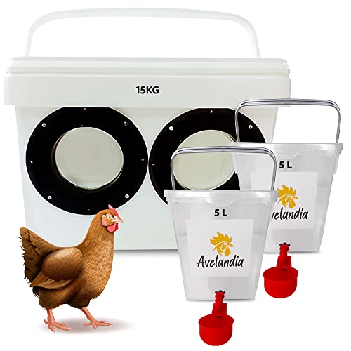 Comedero para Gallinas y Aves de Corral 15KG Anti Despilfarro + 2 Bebederos 5L de Regalo: Anti Lluvia, Comedero Exterior y Anti Desperdicio. Aprovecha el 100% del pienso