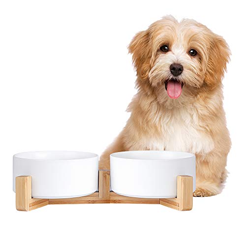 Comedero Perro y Comedero Gato con Soporte Antivuelco de Madera para Comida y Agua - Comederos y Bebederos para Perros Gatos Doble de Ceramica 2 x 850 ml