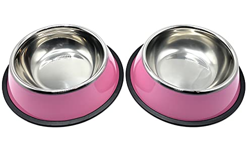 Comedero y Bebedero para Perros y Gatos con Goma Antideslizante. Platos para Perros de Acero Inoxidable y Base Antideslizante (Pequeño 18 cm, Rosa)