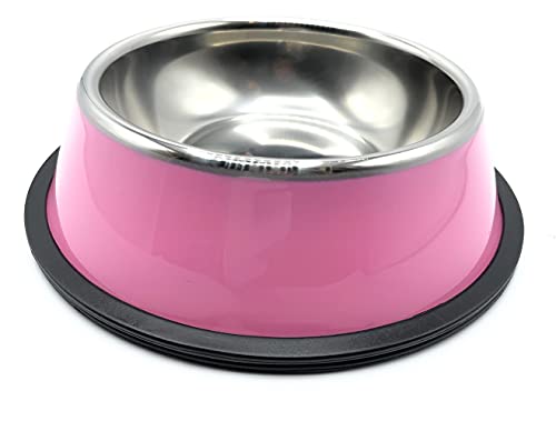 Comedero y Bebedero para Perros y Gatos con Goma Antideslizante. Platos para Perros de Acero Inoxidable y Base Antideslizante (Pequeño 18 cm, Rosa)