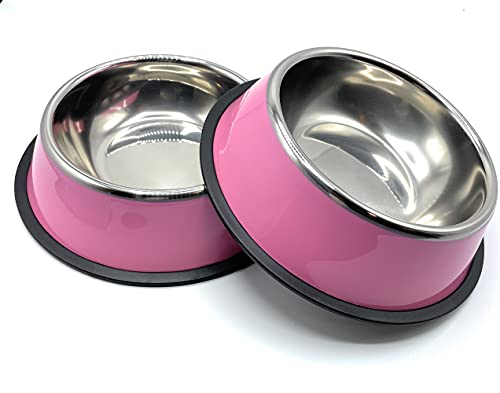 Comedero y Bebedero para Perros y Gatos con Goma Antideslizante. Platos para Perros de Acero Inoxidable y Base Antideslizante (Pequeño 18 cm, Rosa)