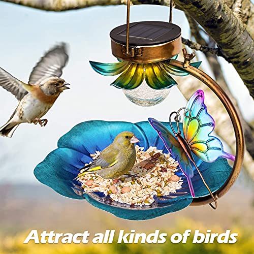 Comederos para Aves Baño de aves con energía solar para colgar fuera del alimentador de aves salvajes de la bandeja de semillas al aire libre Birdfeeder Solar Jardín Luz LED decorativa Contenedor de S