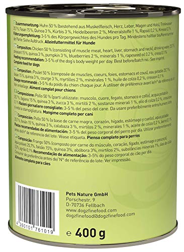 Comida húmeda para Perros de dogz finefood – N° 4 Pollo & Fasan – Comida húmeda para Perros y Cachorros – sin Cereales y sin azúcar – Alto Porcentaje de Carne – 6 x 400 g Lata