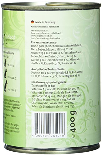 Comida húmeda para Perros de dogz finefood – N° 4 Pollo & Fasan – Comida húmeda para Perros y Cachorros – sin Cereales y sin azúcar – Alto Porcentaje de Carne – 6 x 400 g Lata