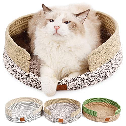 Comodo Cama Gato, Tejer a Mano Nido Gato Algodón Rascador Verano Suave Cesta Gato Redonda Oval Plano Lavable Plegable Four Seasons Universal Acogedor Cat Bed Cat Nest Cat Basket Medio (gris blanco)