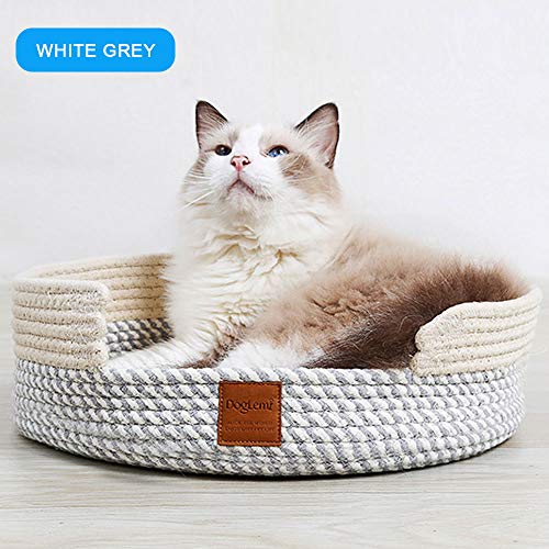 Comodo Cama Gato, Tejer a Mano Nido Gato Algodón Rascador Verano Suave Cesta Gato Redonda Oval Plano Lavable Plegable Four Seasons Universal Acogedor Cat Bed Cat Nest Cat Basket Medio (gris blanco)