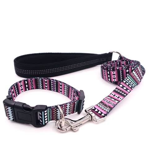 Conjunto de collar y correa de perro con patrones bohemios, estilo étnico suave, ajustable para perros pequeños, medianos y grandes, mascota para caminar al aire libre, correr (morado)