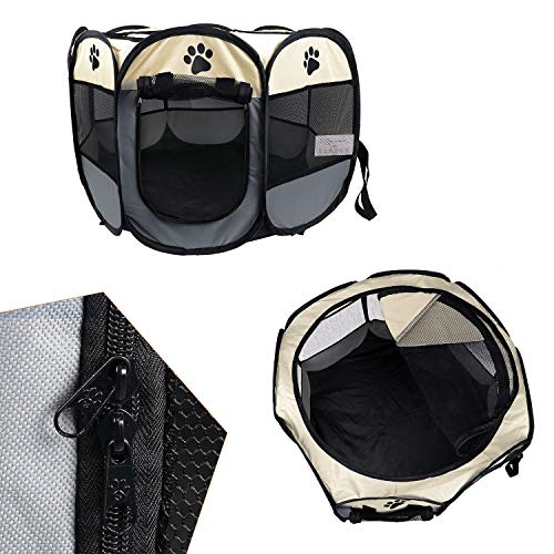 Coolty Tienda de campaña plegable portátil para mascotas, 8 paneles para perros, gatos, conejos y animales pequeños, 91 x 91 x 58 cm (beige+gris)