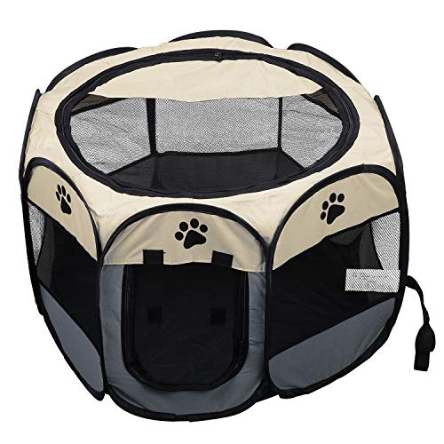 Coolty Tienda de campaña plegable portátil para mascotas, 8 paneles para perros, gatos, conejos y animales pequeños, 91 x 91 x 58 cm (beige+gris)