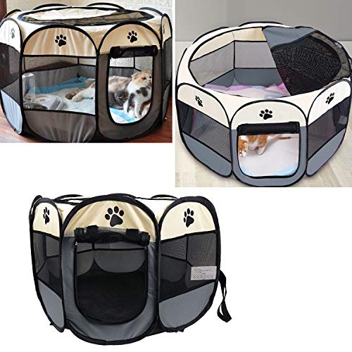 Coolty Tienda de campaña plegable portátil para mascotas, 8 paneles para perros, gatos, conejos y animales pequeños, 91 x 91 x 58 cm (beige+gris)