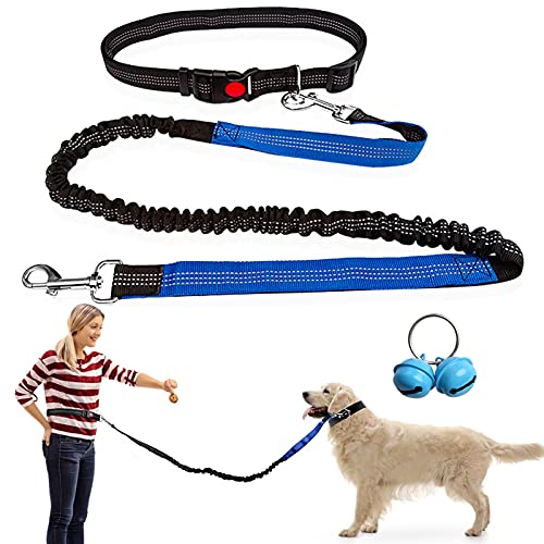 Correa Canicross Correa para Perros Manos Libres 1.3-1.8M Reflectante Elástica Correa para Perro cinturón ajustable para perro con Costuras Reflectantes para Correr Caminar Trotar(Azul)