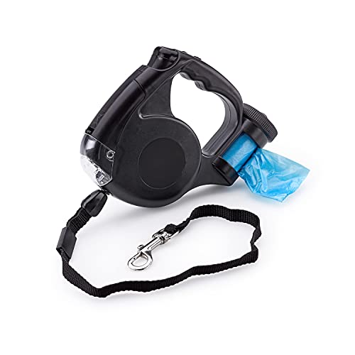 Correa de perro con luz LED y dispensador de bolsa de 5 m de cuerda ergonómica reflectante para perros de hasta 25 kg