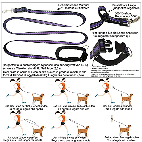 Correa para perro de nailon, 3 posiciones, ajustable, 2,5 m de largo, manos libres para correr, correr y hacer senderismo