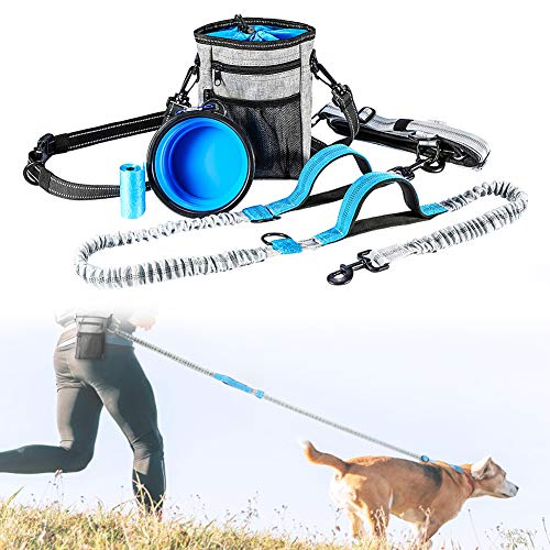 Correas para Perros Sin Manos, Correa de Perro Bungee de Doble Asa con Bolsa de Cintura para Mascotas y Cuenco de Agua para Perros para Senderismo, Correr, Caminar, Trotar, Soporta hasta 150 Libras