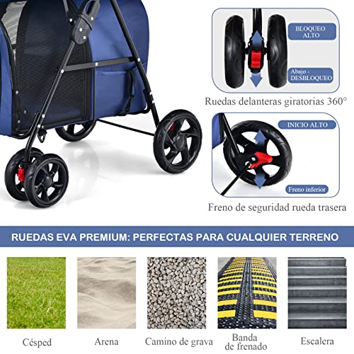 COSTWAY Cochecito Multifuncional 4 en 1 para Perros y Gatos, Cochecito para Mascotas de Doble Nivel, Carrito para Mascotas, Cochecito Plegable Desmontable para Mascotas con 4 Ruedas