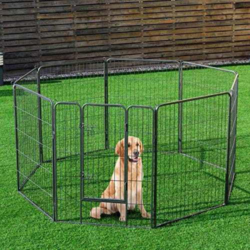 COSTWAY Parque de Metal Plegable para Perro Animales Barrera de Seguridad con Puerta y Cerradura para Cachorros de Jardín Interior Exterior