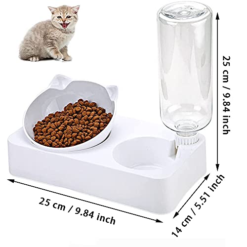 Cuenco de Agua Gatos, 2 en 1 Comedero Gato, Soporte Elevado Cuencos Mascotas, Antideslizant Gatos Tazones con Dispensador de Agua Automático Inclinado 15 ° para Perros Pequeños, Gatos, Blanco, Resina