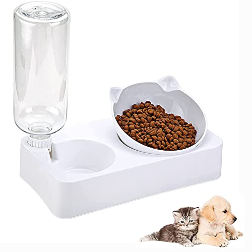 Cuenco de Agua Gatos, 2 en 1 Comedero Gato, Soporte Elevado Cuencos Mascotas, Antideslizant Gatos Tazones con Dispensador de Agua Automático Inclinado 15 ° para Perros Pequeños, Gatos, Blanco, Resina