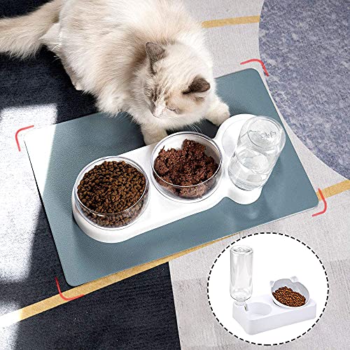 Cuenco de Agua Gatos, 2 en 1 Comedero Gato, Soporte Elevado Cuencos Mascotas, Antideslizant Gatos Tazones con Dispensador de Agua Automático Inclinado 15 ° para Perros Pequeños, Gatos, Blanco, Resina