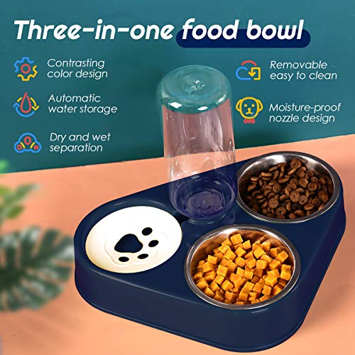 Cuenco del Gato Doble Tazón,Tazón de Alimentación para Gatos 3 en 1Comederos Gatos Elevado de Acero Inoxidable con Bebedero Automático,Se Puede Utilizar para Gatos y Cachorros (Azul)