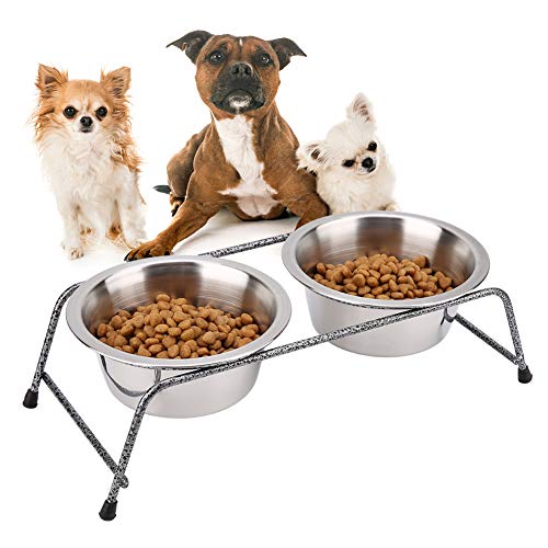 Cuenco Elevado de Acero Inoxidable para Mascotas con Doble Plato de Comida para Perros y Gatos y alimentador de Agua con Soporte de Hierro