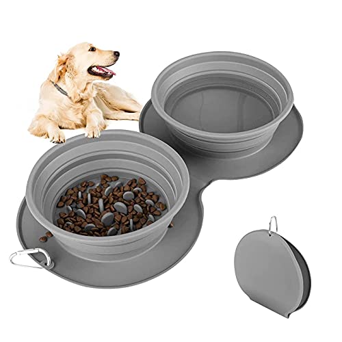 Cuenco Plegable para Perros,Cuencos Doble para Perro Gato,Comedero Lento Mascotas y Cuenco Agua,Cuencos con mosquetón,Silicona Antiderrame,para Perros Pequeños,Medianos,Gatos