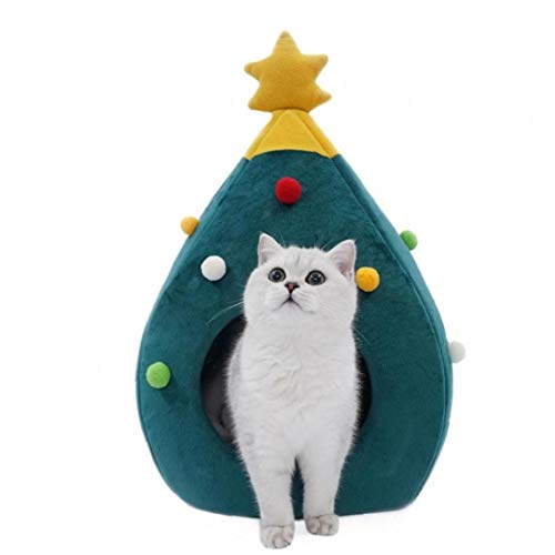 CULER Gato de Navidad de Fieltro Cueva Cama Forma del árbol de Semi-Cerrado Nido Mascotas Gatos Animales domésticos Invierno Caliente del Perrito de la Cama para Dormir 48x40x40cm Mat Regalo