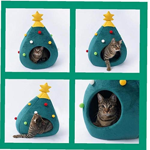 CULER Gato de Navidad de Fieltro Cueva Cama Forma del árbol de Semi-Cerrado Nido Mascotas Gatos Animales domésticos Invierno Caliente del Perrito de la Cama para Dormir 48x40x40cm Mat Regalo