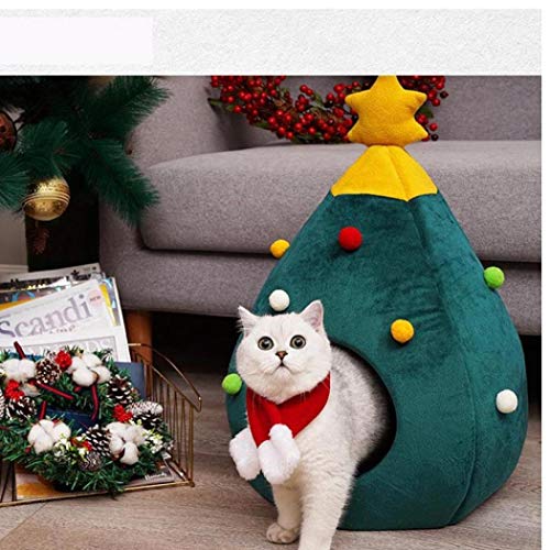 CULER Gato de Navidad de Fieltro Cueva Cama Forma del árbol de Semi-Cerrado Nido Mascotas Gatos Animales domésticos Invierno Caliente del Perrito de la Cama para Dormir 48x40x40cm Mat Regalo