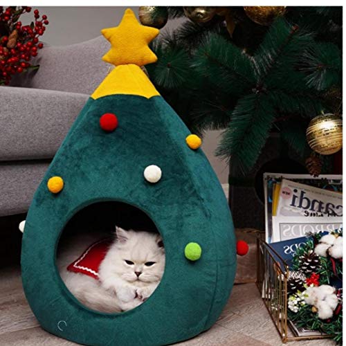 CULER Gato de Navidad de Fieltro Cueva Cama Forma del árbol de Semi-Cerrado Nido Mascotas Gatos Animales domésticos Invierno Caliente del Perrito de la Cama para Dormir 48x40x40cm Mat Regalo