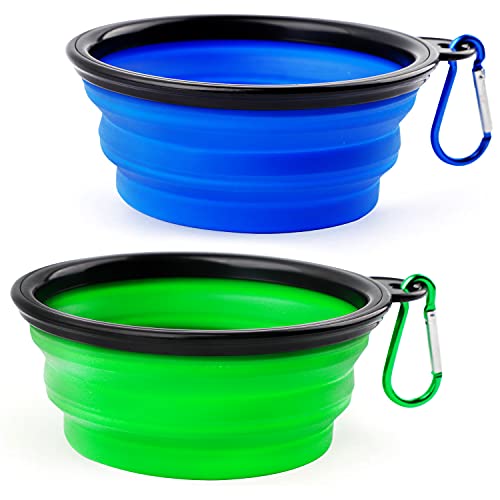 CYWVYNYT 2 cuencos para perros plegables de viaje, a prueba de fugas, con mosquetón de escalada para gatos, perros y mascotas para agua y comida (350 ml, azul y verde)