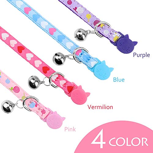 DAIXI Collar de Gato 4PC, Collar de Gato Ajustable de Bell con Hebilla de liberación Collar de Gato de Bell con Tira de Nylon en Forma de corazón para Gato, Cachorro