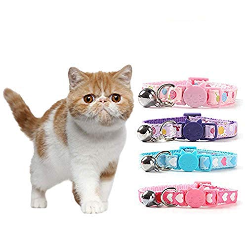 DAIXI Collar de Gato 4PC, Collar de Gato Ajustable de Bell con Hebilla de liberación Collar de Gato de Bell con Tira de Nylon en Forma de corazón para Gato, Cachorro