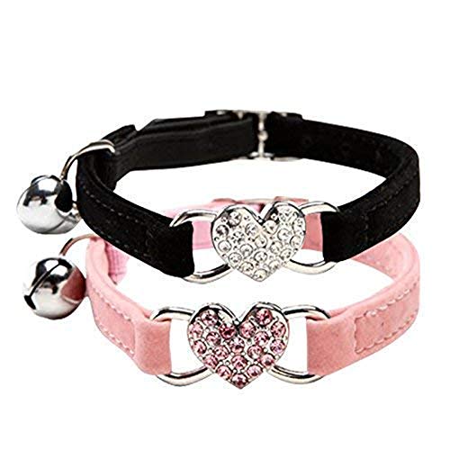 DAIXI Collares para Gatos con la Campana y del Cristal del corazón Suministros Linda del Animal doméstico Negro + Rosa