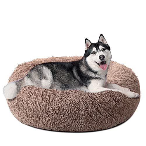 DanceWhale Redonda Cama Perro Gato Cama Cama de Felpa para Mascota Lavable Sofa Suave Cachorro Calentito Cojín(80cm, Marrón)