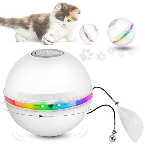 DazSpirit Juguetes para Gatos Interactivos Bola De Gato, Pelotas De Juguete para Gatos Eléctrica Interactivo Pelotas para Gatos con Luz Led, 360 Grados Automática Giratoria, Carga USB,Blanco