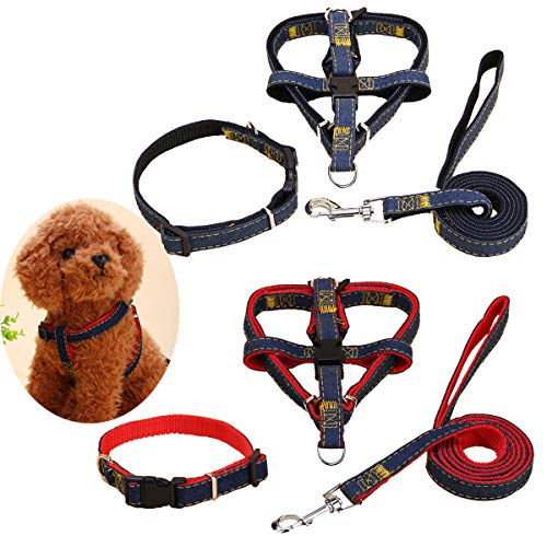 DBAILY 2 Juegos de Correas para Perros Negro Rojo Incluir 2pcs 120 cm * 2 cm Correa de Perro con Cuerda+2pcs Arnés para Perros+2pcs Collar de Perro Mascota para Perros Pequeños Medianos Grandes