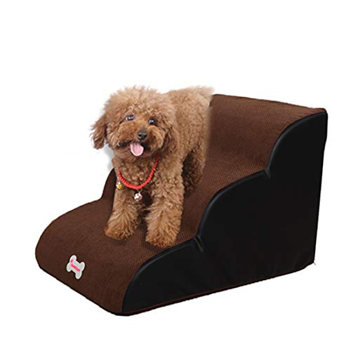 DDK Escalera para mascotas, escalera para perros, escalera para camas altas, rampa para perros, transpirable, antideslizante, sofá cama suave, para gatos, perros, café, L (3 escaleras)