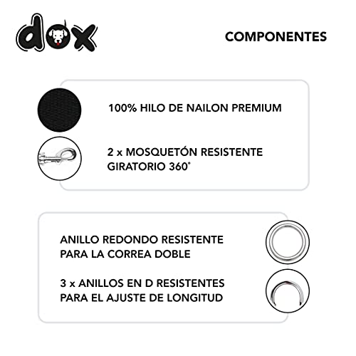 DDOXX Correa Perro de Nailon, Ajustable en 3 Direcciones, 2 m | Correas para Perros Grandes y Pequeños | Correa Doble para Perros, Gatos, Cachorros | Correa para Correr | Negro, XS