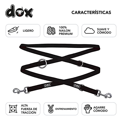 DDOXX Correa Perro de Nailon, Ajustable en 3 Direcciones, 2 m | Correas para Perros Grandes y Pequeños | Correa Doble para Perros, Gatos, Cachorros | Correa para Correr | Negro, XS