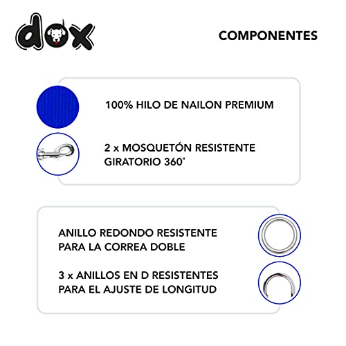 DDOXX Correa Perro de Nailon, Ajustable en 3 Direcciones, 2 m | Correas para Perros Grandes y Pequeños | Correa Doble para Perros, Gatos, Cachorros | Correa para Correr | Azul, L